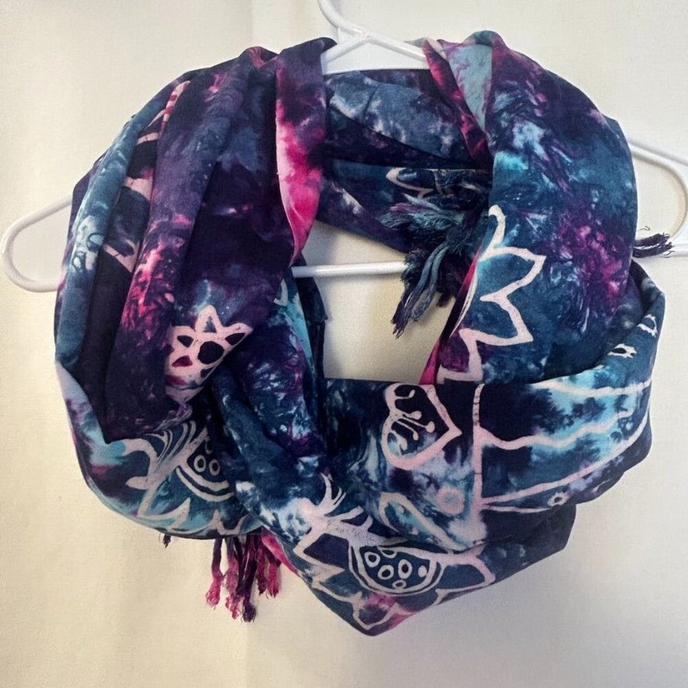 We-Be-Bop Scarf Boho Tie-Dye Fringed Wrap Heart Floral Patterns Blue Pink Soft